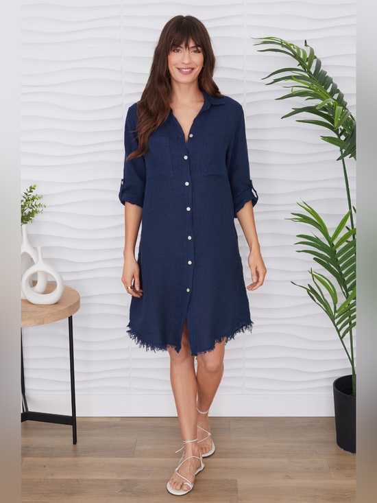 Milio Milano Dresses & Skirts - (27160/154208-NAV) ITALIAN LINEN LONG SLEEVE ROLL-TAB  BUTTON DOWN  DRESS